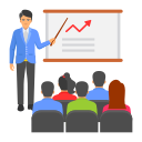 Експорт, консалтинг, тренінги Іконка консультанта, що навчає групу людей та демонструє графік.